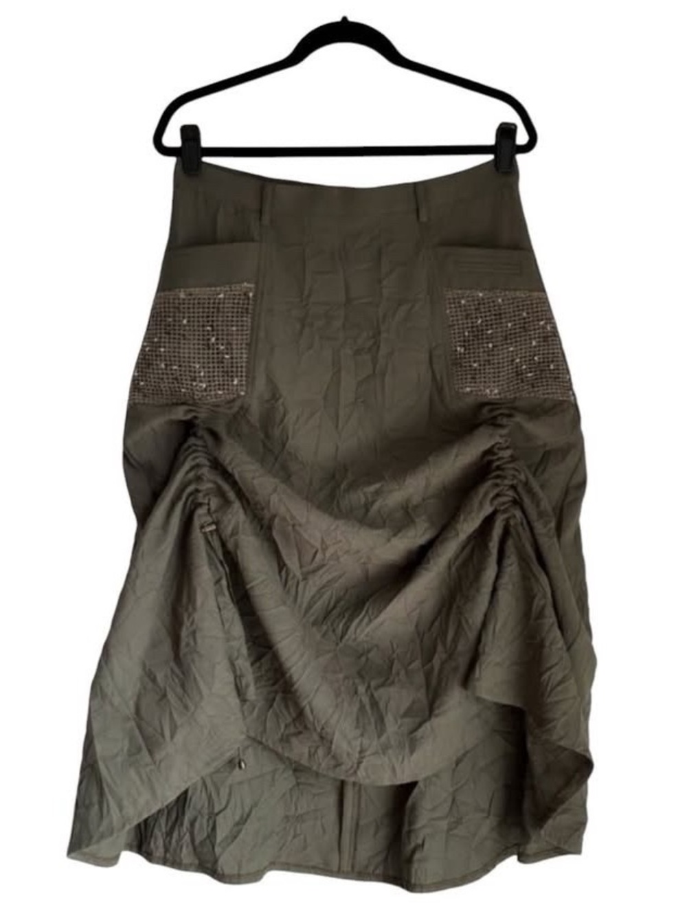 Vintage Adjustable Length Olive Green High-Low Midi Skirt with Fishnet Pockets